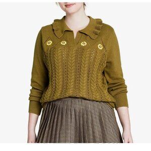 Sandy Liang x Target Floral Embroidered Collared Pullover Sweater Green Size 3X